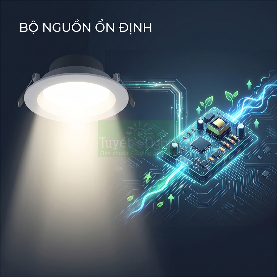 Đèn LED âm trần chiếu sáng với bộ nguồn ổn định và mạch điện tử tiết kiệm năng lượng