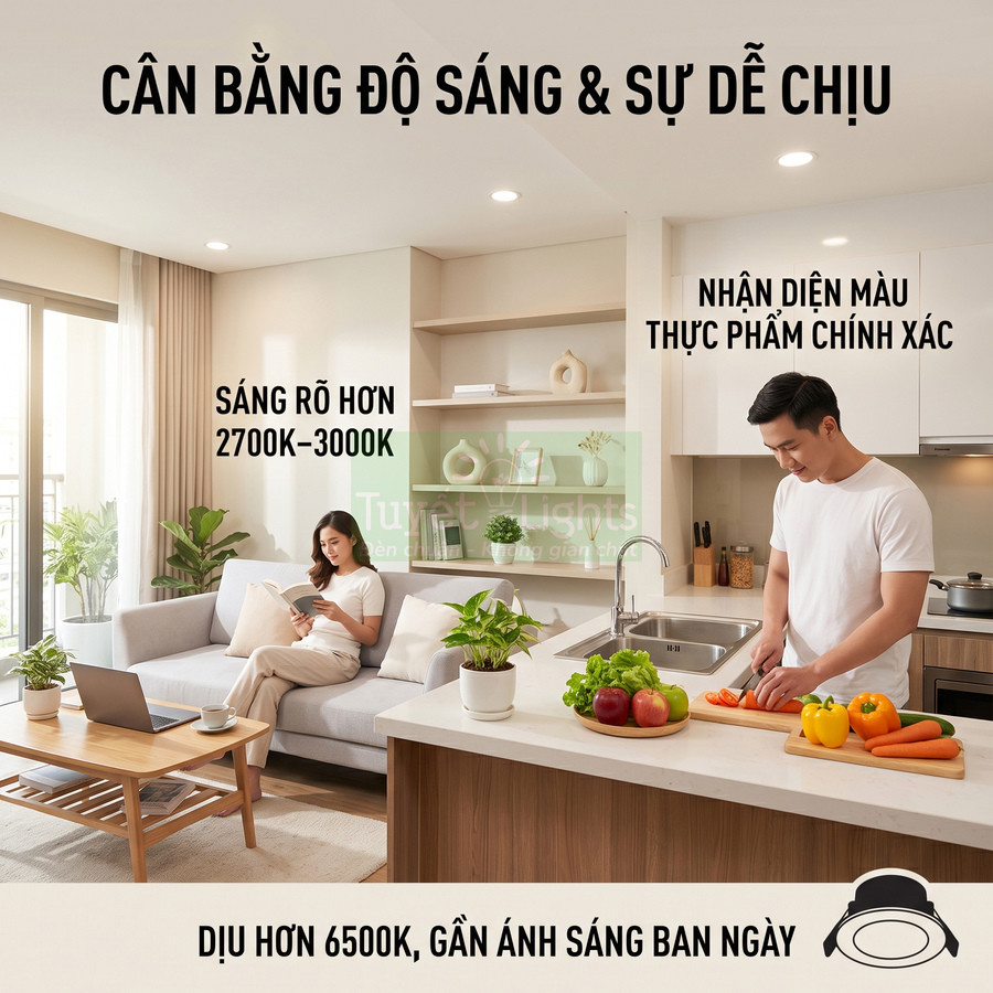 Đèn LED âm trần chiếu sáng phòng khách và bếp, ánh sáng 2700K 3000K dịu mắt, làm nổi bật màu sắc thực phẩm