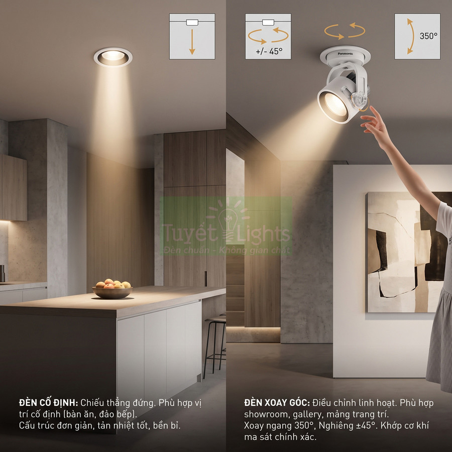 Đèn âm trần Panasonic cố định và đèn xoay góc chiếu sáng nội thất hiện đại trong phòng bếp và phòng khách