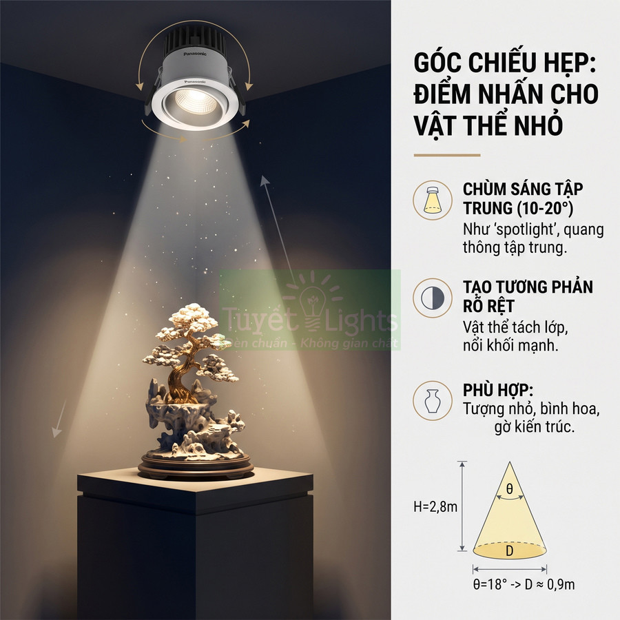 Đèn downlight Panasonic chiếu spotlight tập trung trang trí tượng bonsai nhỏ trên bệ trưng bày