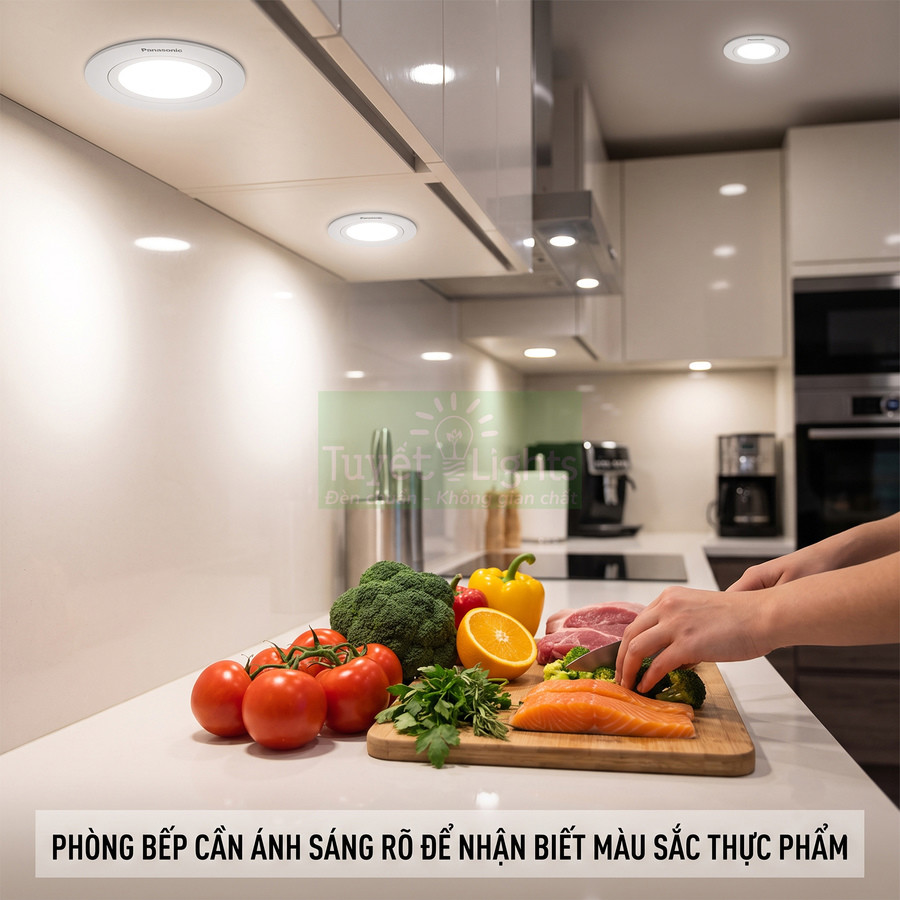 Đèn led âm trần Panasonic chiếu sáng bàn bếp với rau củ quả và cá hồi tươi trên thớt
