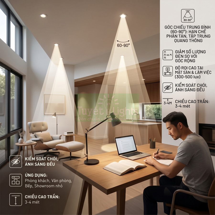 Đèn downlight âm trần Tuyết Lights chiếu sáng phòng làm việc và phòng khách hiện đại, ánh sáng tập trung chống chói