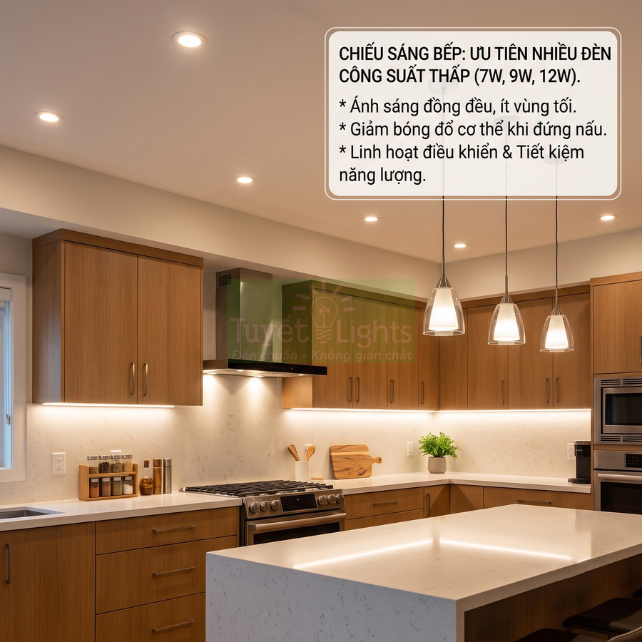 Đèn âm trần và đèn thả công suất thấp chiếu sáng đều cho không gian bếp hiện đại với tủ gỗ và đảo bếp trắng