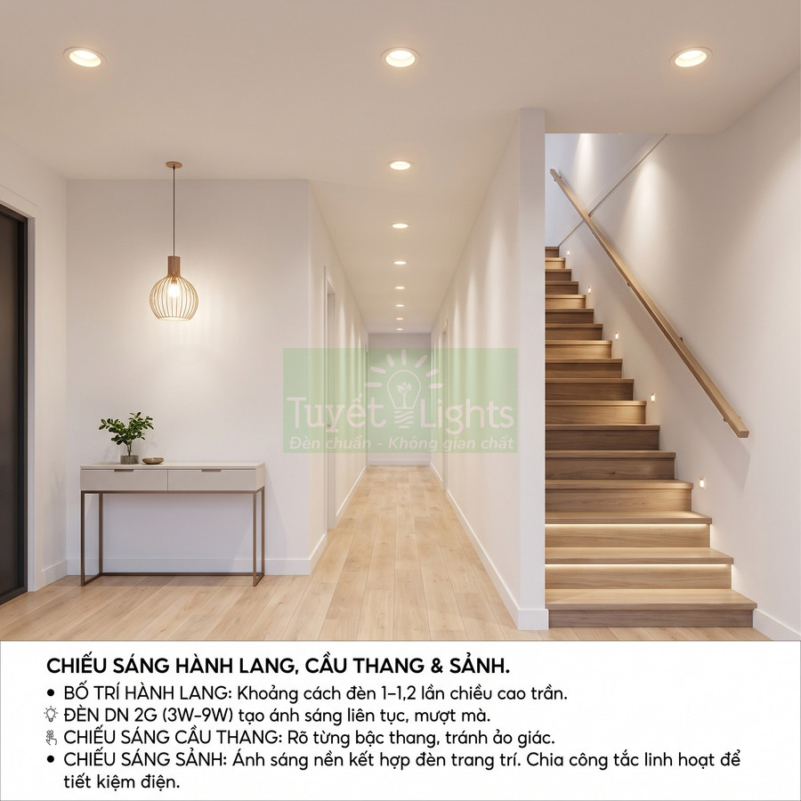 Đèn âm trần và đèn cầu thang Tuyết Lights chiếu sáng hành lang và sảnh nhà hiện đại
