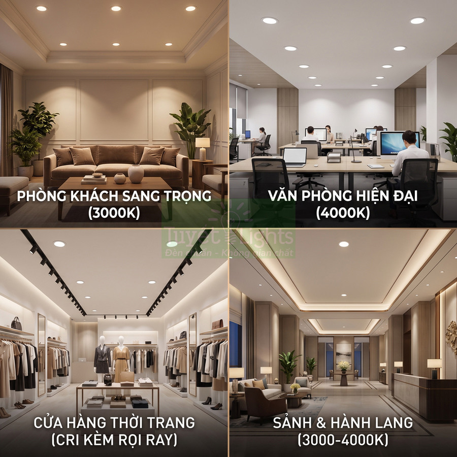 Ứng dụng đèn LED âm trần cho phòng khách, văn phòng, cửa hàng thời trang và sảnh hành lang hiện đại