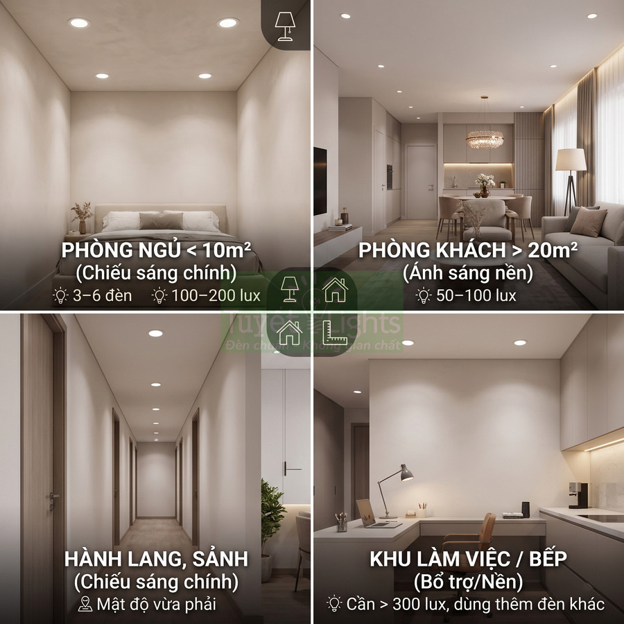 Đèn downlight âm trần chiếu sáng phòng ngủ, phòng khách, hành lang và khu bếp làm việc trong căn hộ hiện đại