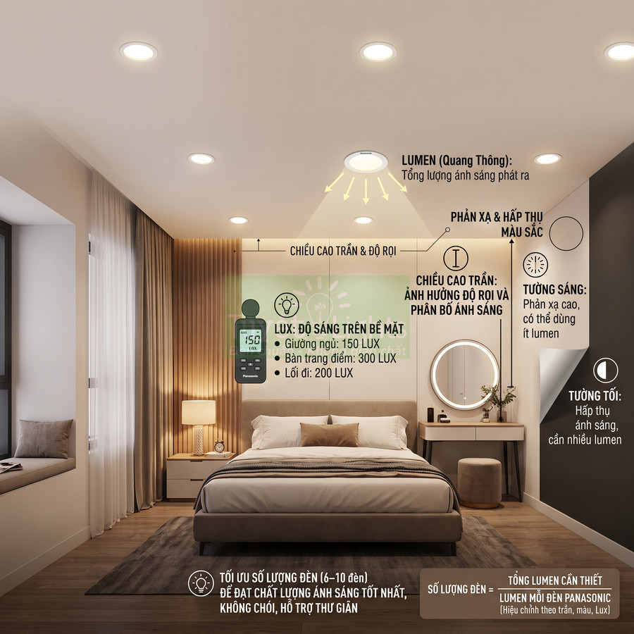 Phòng ngủ hiện đại sử dụng nhiều đèn LED âm trần Panasonic tạo ánh sáng ấm áp và đồng đều