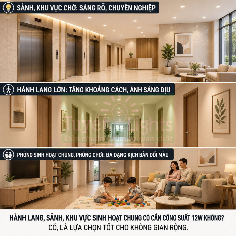 Đèn LED âm trần 12W chiếu sáng sảnh, hành lang và phòng sinh hoạt chung trong căn hộ hiện đại