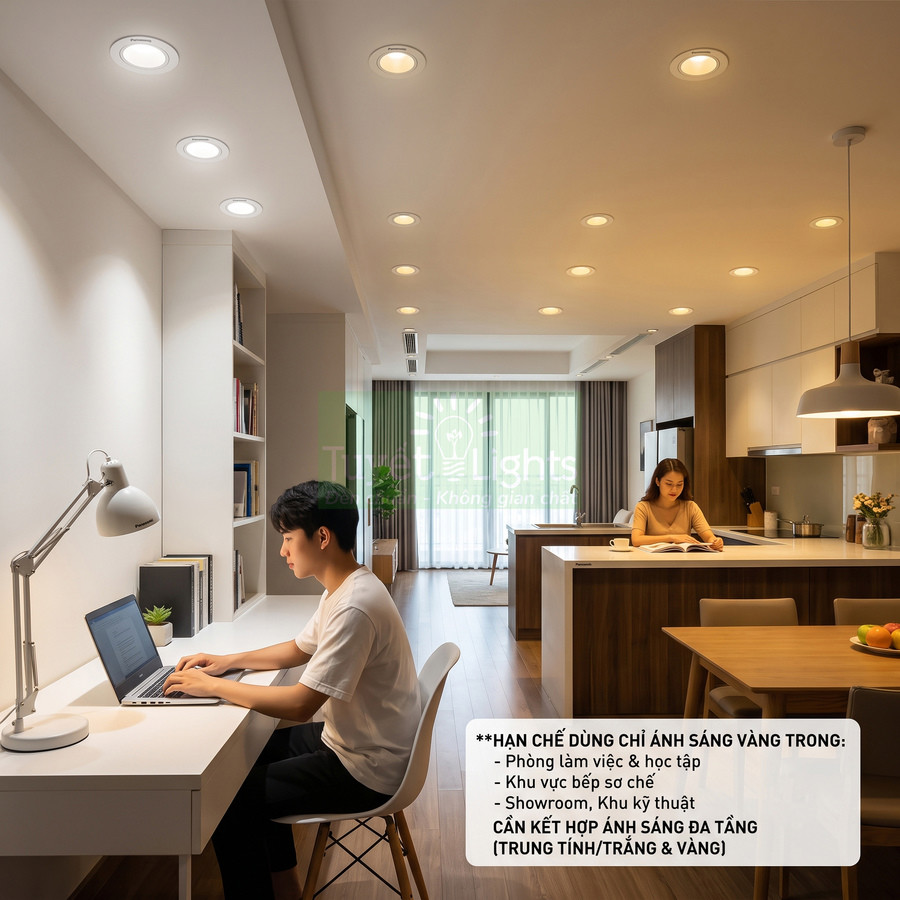 Đèn downlight âm trần LED chiếu sáng phòng làm việc và bếp hiện đại trong căn hộ gia đình