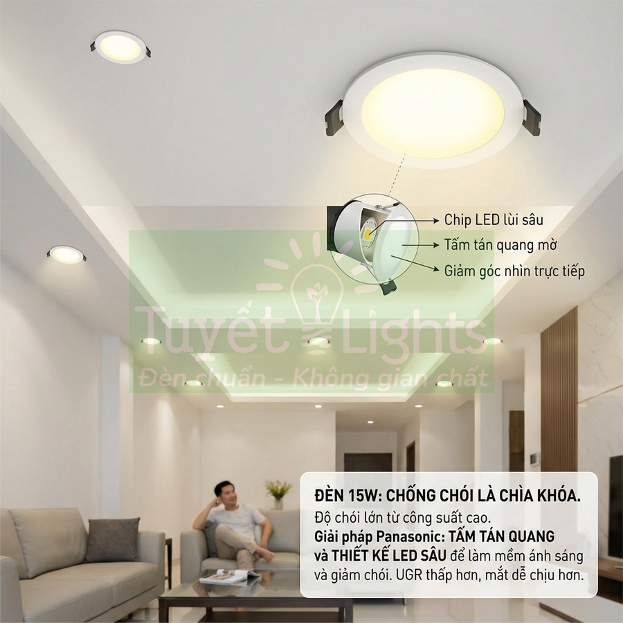 Đèn LED âm trần Panasonic 15W chống chói lắp trong phòng khách hiện đại