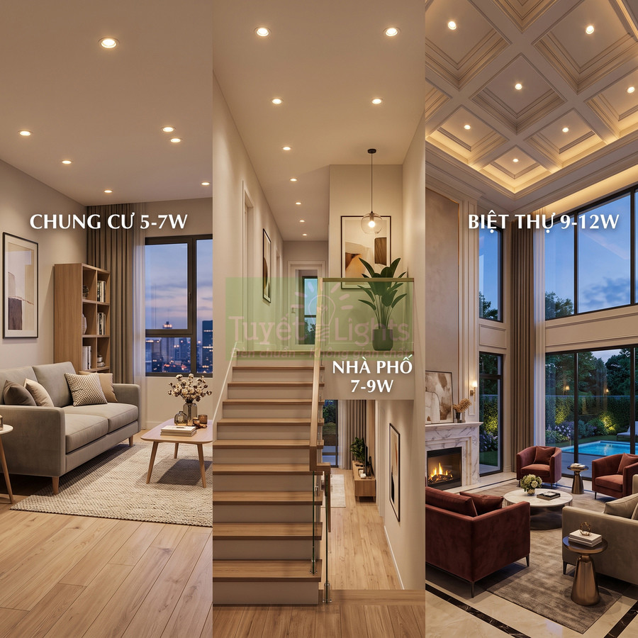 Đèn led âm trần chiếu sáng phòng khách chung cư, nhà phố và biệt thự với công suất gợi ý 5 đến 12W
