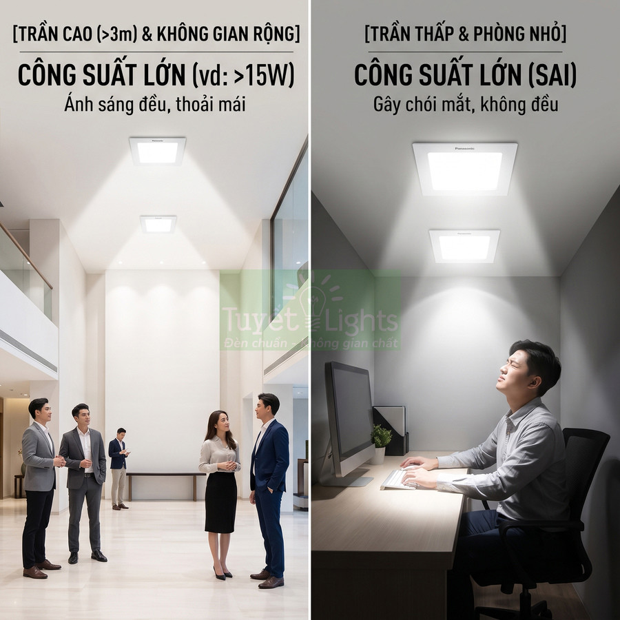 Đèn LED âm trần Panasonic công suất lớn chiếu sáng sảnh cao và phòng làm việc nhỏ, so sánh ánh sáng đều và chói mắt
