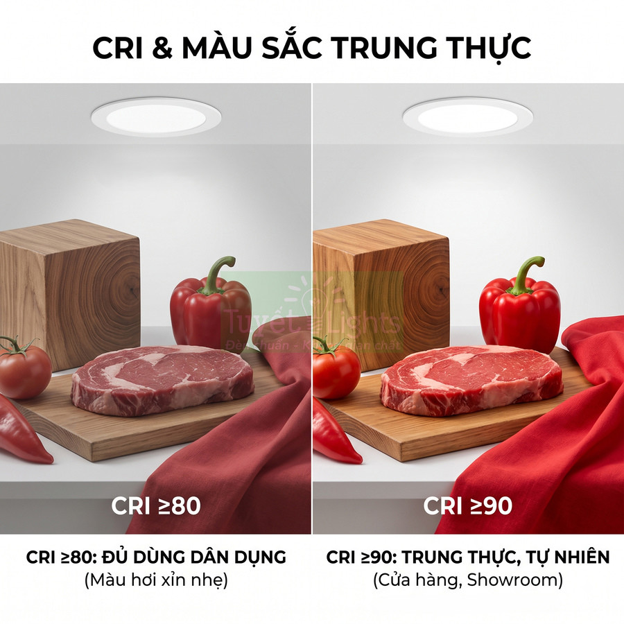 So sánh ánh sáng đèn LED CRI 80 và CRI 90 chiếu vào miếng thịt bò và rau củ trên thớt gỗ