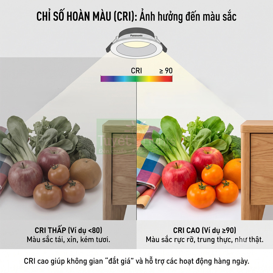 Đèn LED âm trần Panasonic CRI cao giúp rau củ quả lên màu tươi sáng trung thực so với CRI thấp