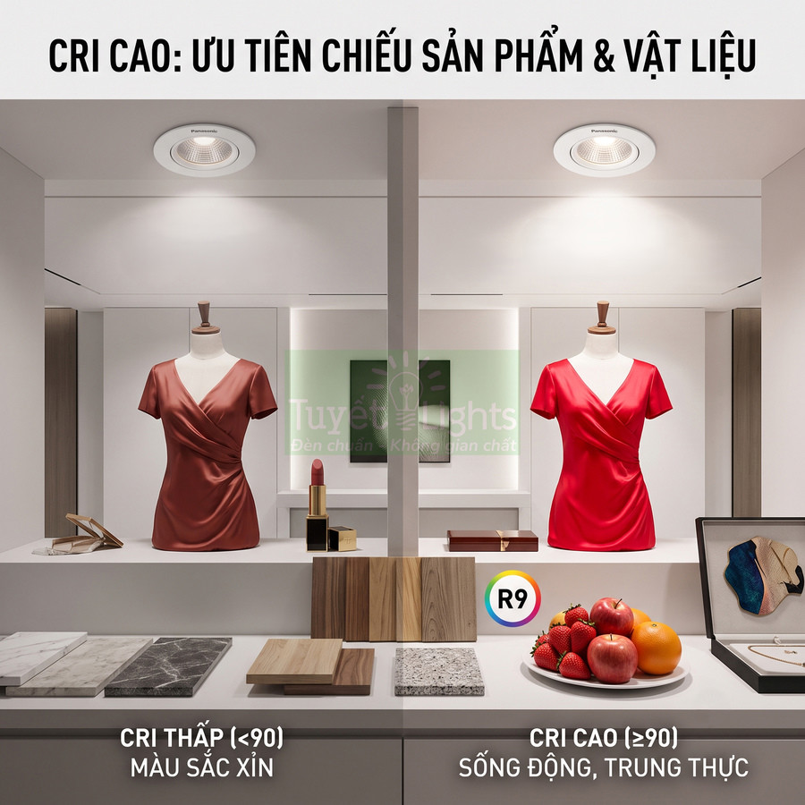 Đèn downlight Panasonic CRI cao chiếu sáng ma nơ canh váy đỏ và vật liệu trưng bày màu sắc trung thực