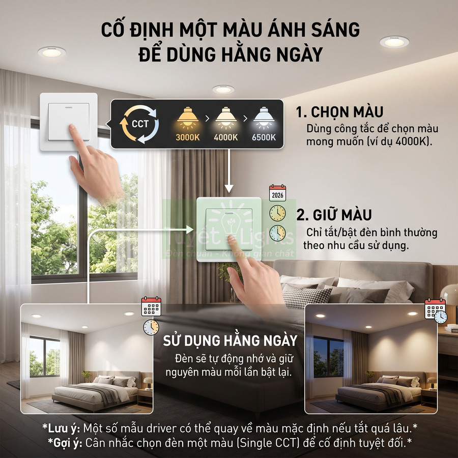 Hướng dẫn chọn và cố định màu ánh sáng 3000K 4000K 6500K cho đèn LED âm trần trong phòng ngủ