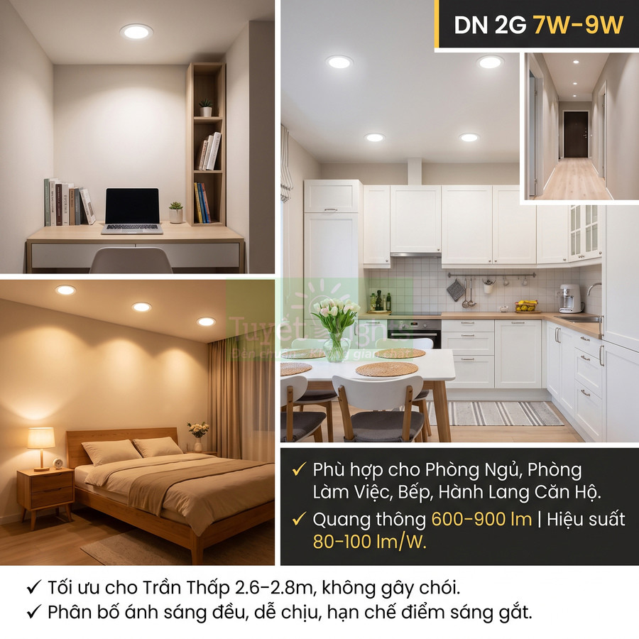 Đèn led âm trần DN 2G 7W 9W chiếu sáng phòng ngủ, bếp, hành lang và góc làm việc trong căn hộ