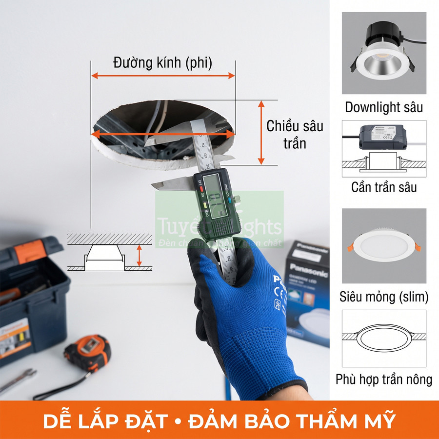Đo kích thước lỗ trần để lắp đèn LED downlight siêu mỏng Panasonic, dễ lắp đặt và đảm bảo thẩm mỹ