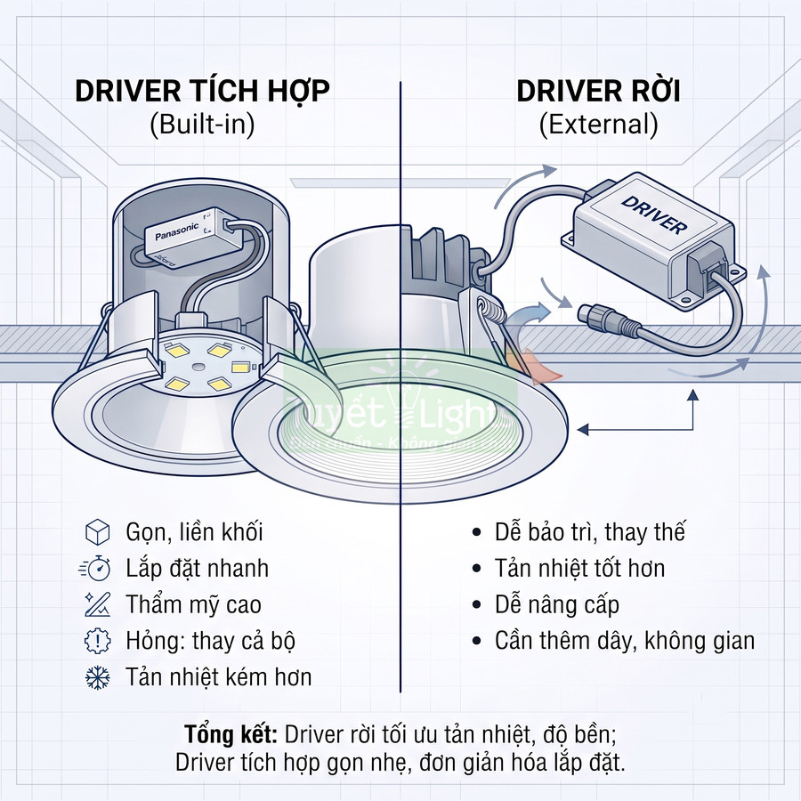 So sánh đèn downlight âm trần Panasonic driver tích hợp và driver rời, ưu nhược điểm tản nhiệt và lắp đặt