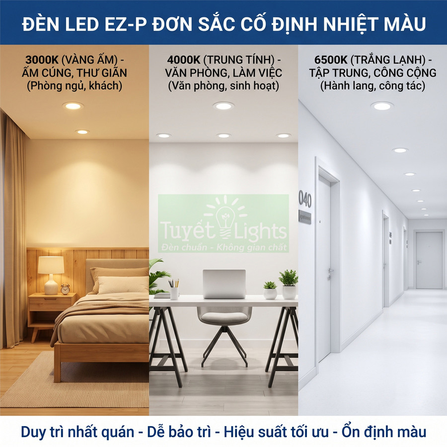 Đèn LED âm trần Tuyết Lights EZ P ba nhiệt màu cho phòng ngủ, văn phòng và hành lang trắng sáng