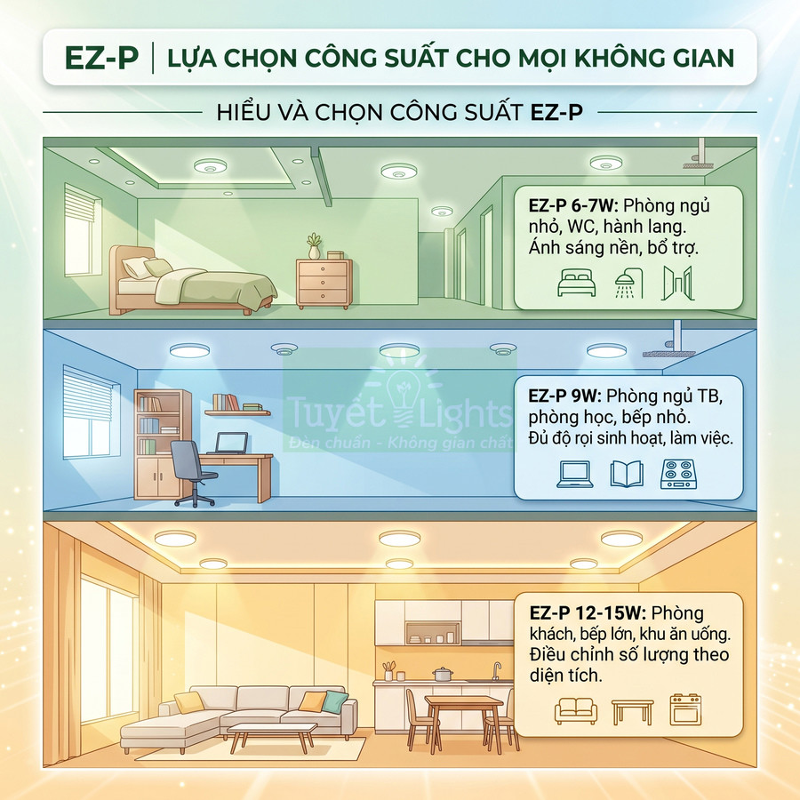 Đèn LED âm trần Tuyết Lights EZ-P cho phòng ngủ, phòng làm việc và phòng khách với các mức công suất khác nhau