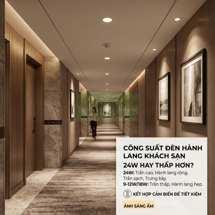 Đèn âm trần ánh sáng ấm cho hành lang khách sạn cao cấp, gợi ý công suất 24W và thấp hơn để tiết kiệm điện