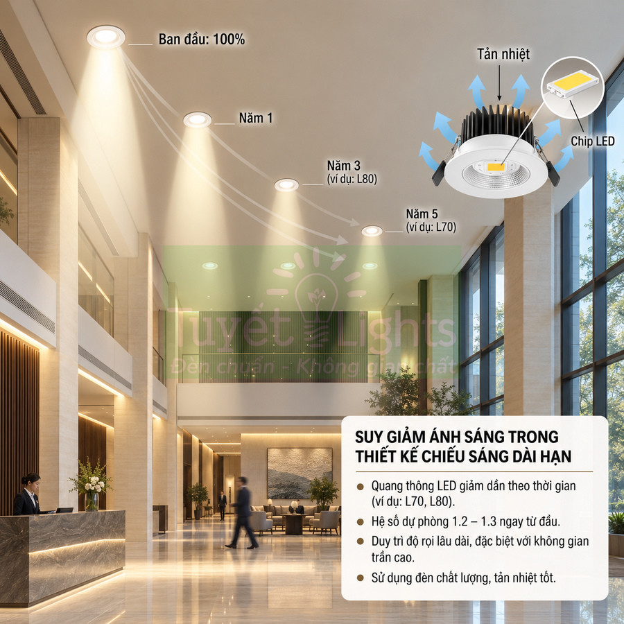 Đèn LED âm trần Tuyết Lights chiếu sáng sảnh tòa nhà cao cấp với minh họa suy giảm ánh sáng dần theo thời gian