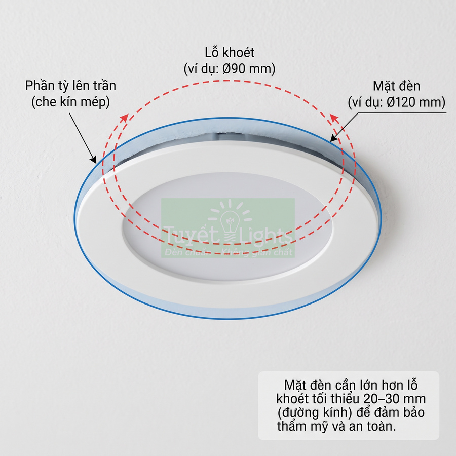 Đèn LED âm trần tròn Tuyết Lights màu trắng lắp trên trần, minh họa kích thước lỗ khoét và phần viền che mép