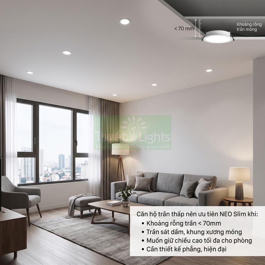 Đèn LED âm trần mỏng NEO Slim lắp trong phòng khách trần thấp hiện đại