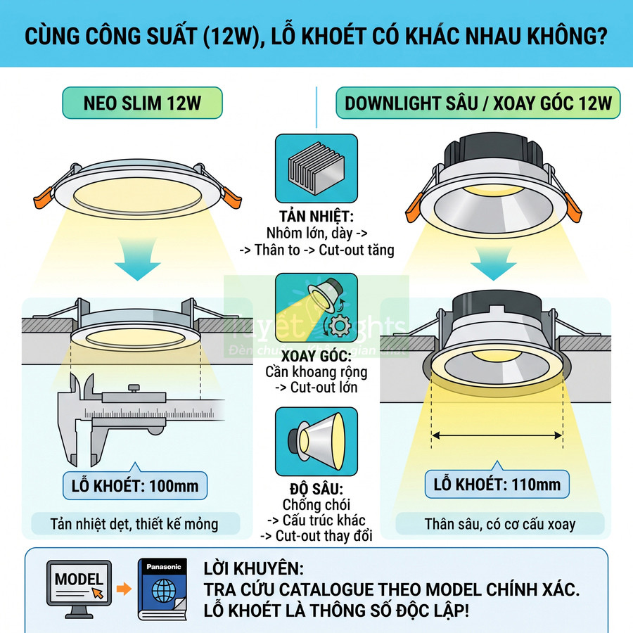 So sánh đèn âm trần Neo Slim 12W và downlight sâu xoay góc 12W với kích thước lỗ khoét khác nhau