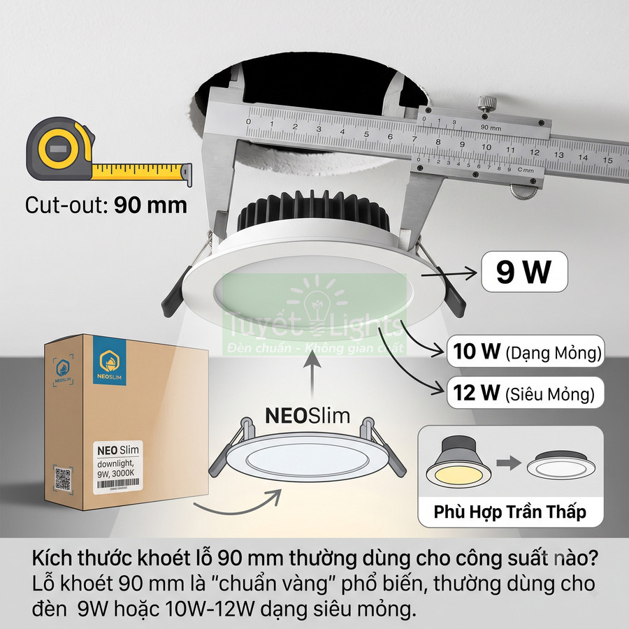 Đèn downlight âm trần NEOSlim 90mm công suất 9W 10W 12W phù hợp trần thấp của Tuyết Lights