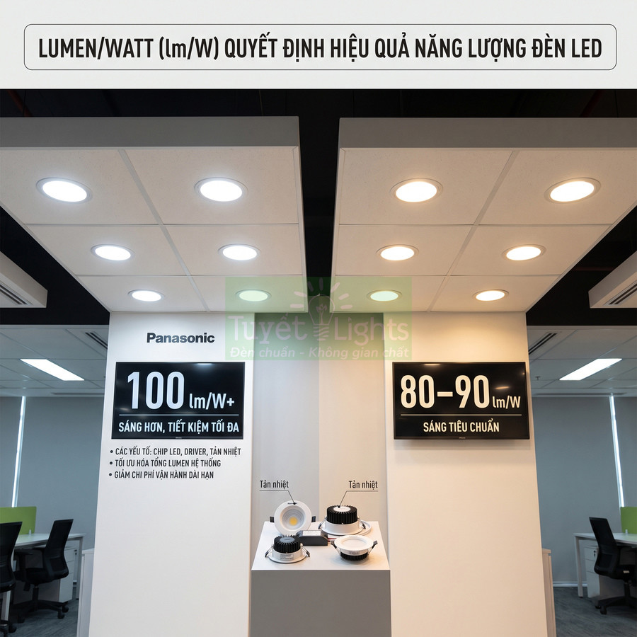 Đèn LED âm trần Panasonic trưng bày so sánh hiệu suất 100 lmW và 80–90 lmW trong showroom Tuyết Lights