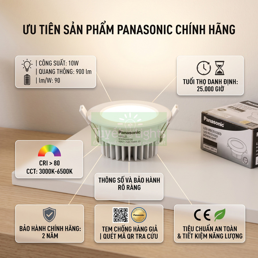 Đèn LED âm trần Panasonic chính hãng 10W, ánh sáng CRI cao, tuổi thọ 25000 giờ, bảo hành 2 năm