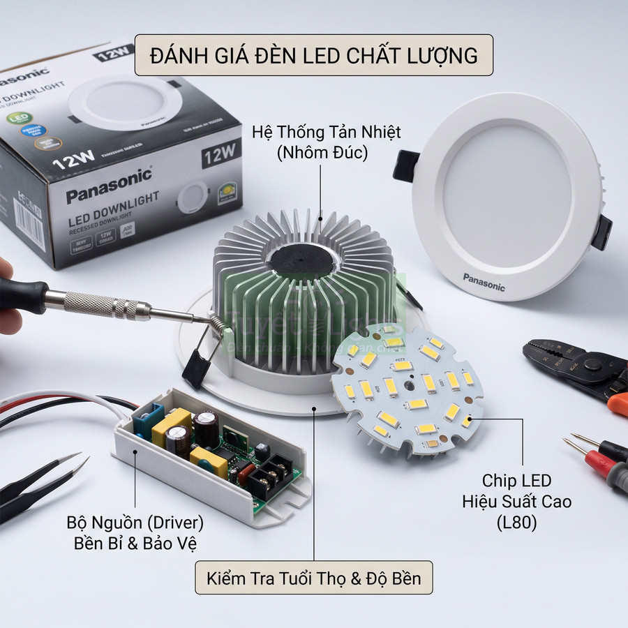 Đèn LED downlight Panasonic 12W cùng các linh kiện tản nhiệt, chip LED và bộ nguồn driver chất lượng cao