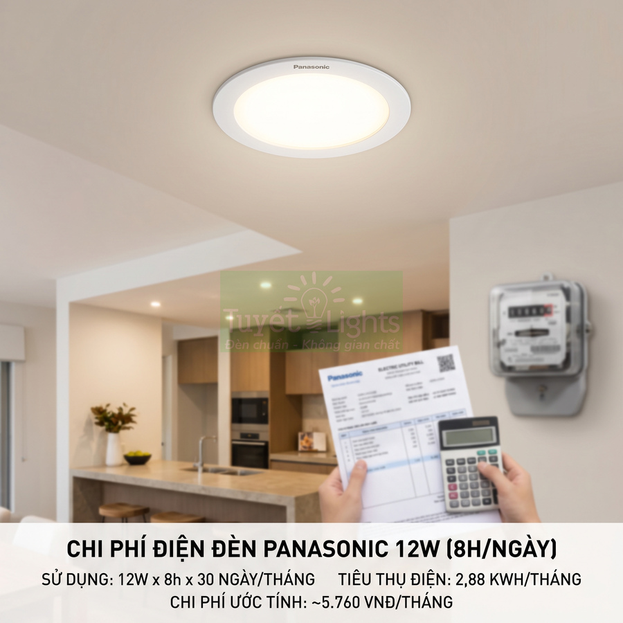 Đèn LED âm trần Panasonic 12W chiếu sáng phòng bếp hiện đại, người dùng tính chi phí điện trên hóa đơn