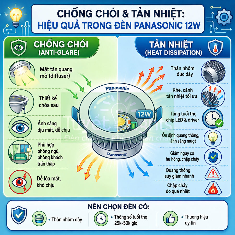 Đèn LED âm trần Panasonic 12W chống chói tản nhiệt tốt, thân nhôm dày, ánh sáng dịu mắt