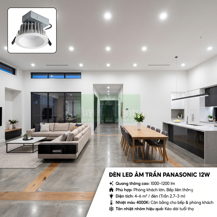 Đèn LED âm trần Panasonic 12W chiếu sáng phòng khách và bếp liên thông hiện đại