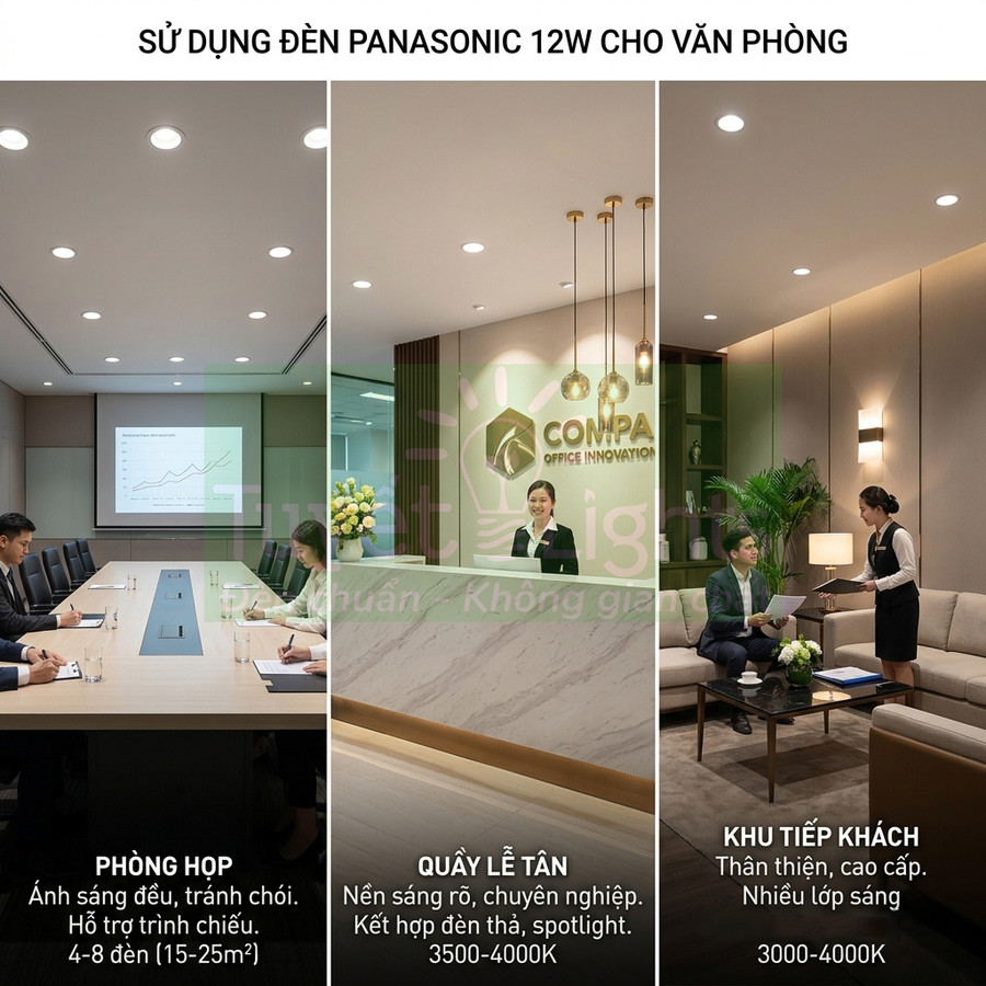 Ứng dụng đèn âm trần Panasonic 12W chiếu sáng phòng họp, quầy lễ tân và khu tiếp khách văn phòng