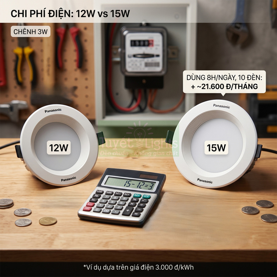 Đèn downlight Panasonic 12W và 15W đặt trên bàn cùng máy tính cầm tay minh họa so sánh chi phí điện