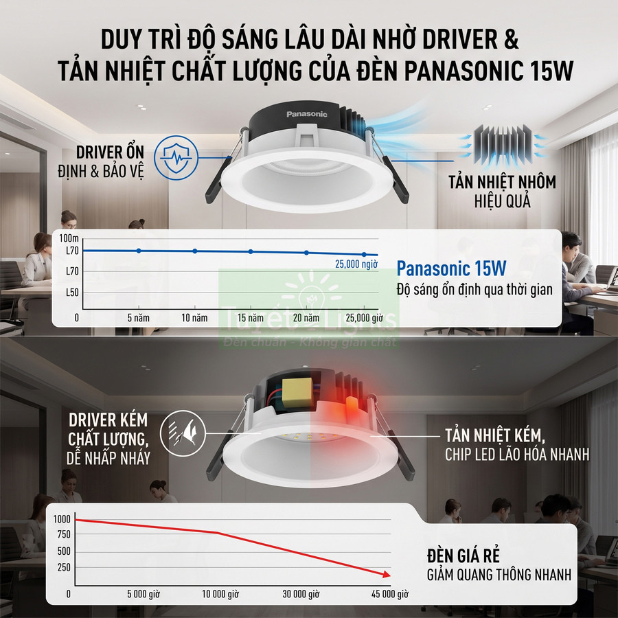 Đèn LED âm trần Panasonic 15W tản nhiệt nhôm, driver ổn định, độ sáng bền lâu so với đèn giá rẻ