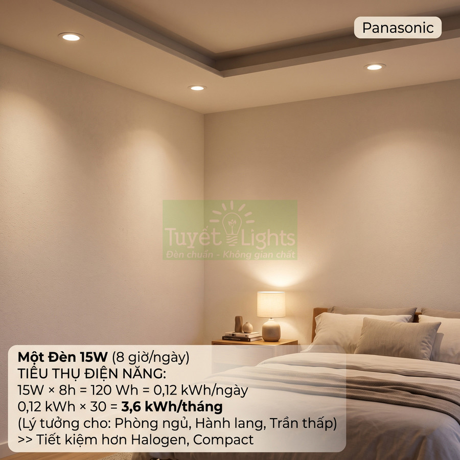 Đèn led âm trần Panasonic 15W chiếu sáng phòng ngủ ấm áp, tiết kiệm điện