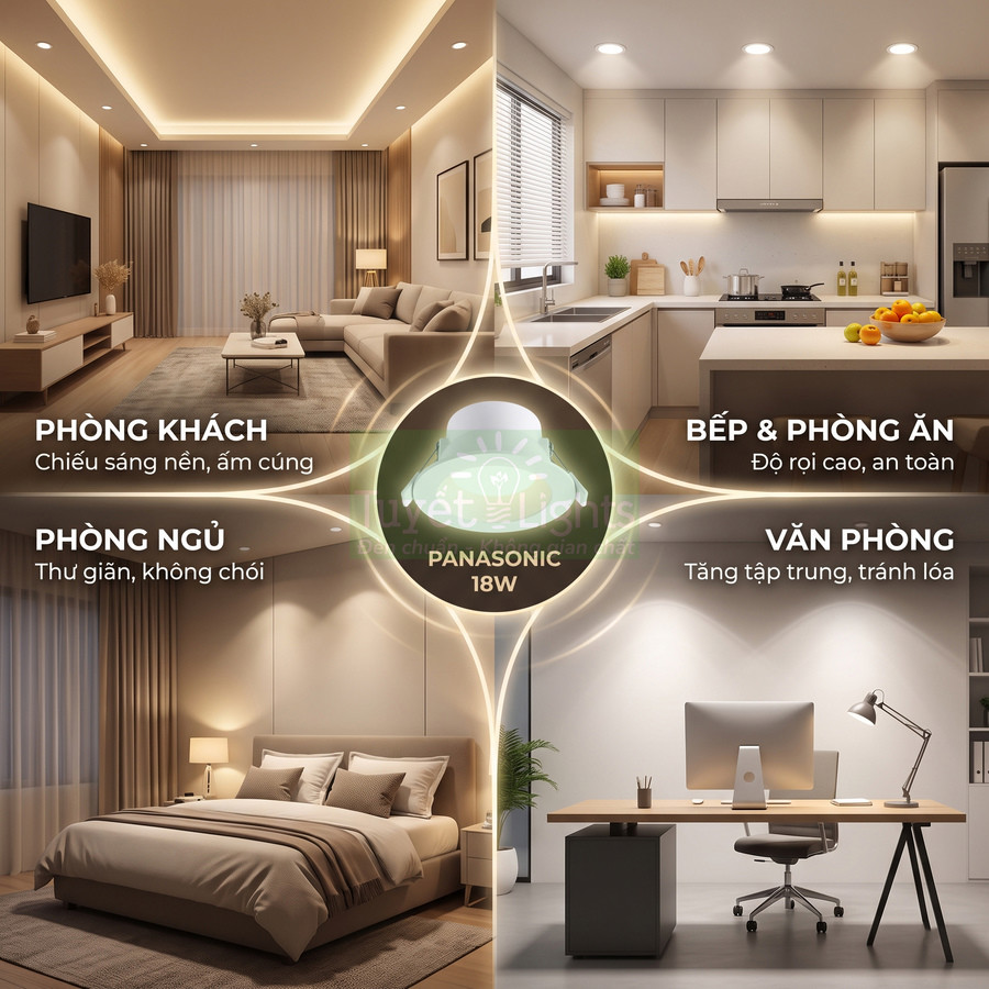 Đèn LED âm trần Panasonic 18W chiếu sáng phòng khách, phòng ngủ, bếp và văn phòng hiện đại