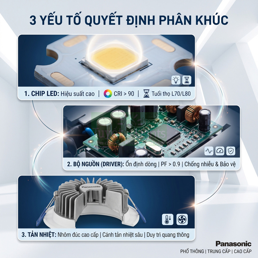 Cấu tạo đèn LED âm trần Panasonic với chip LED, bộ nguồn driver và khối tản nhiệt nhôm cao cấp