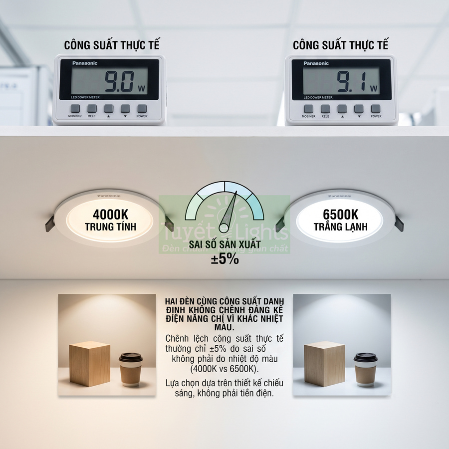 Đèn downlight Panasonic 4000K và 6500K so sánh công suất thực tế bằng đồng hồ đo điện năng