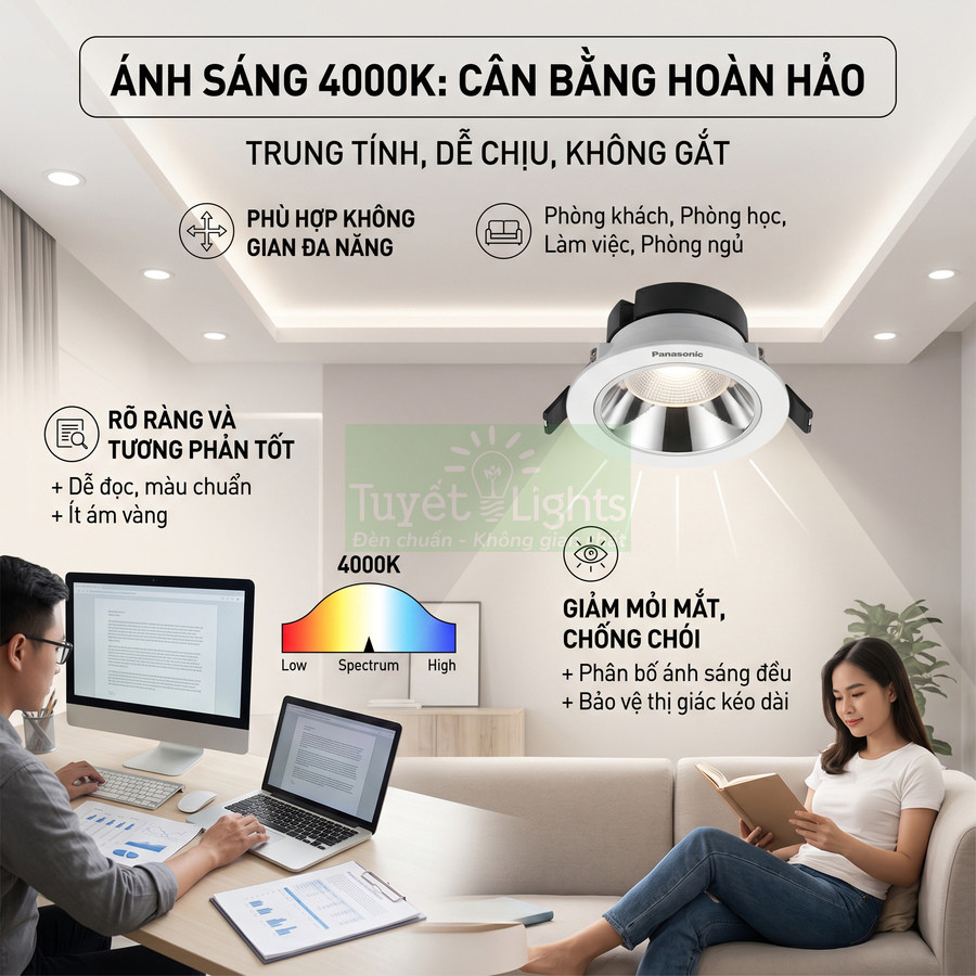 Đèn downlight Panasonic ánh sáng trung tính 4000K cho phòng làm việc và phòng khách, giảm chói và bảo vệ mắt