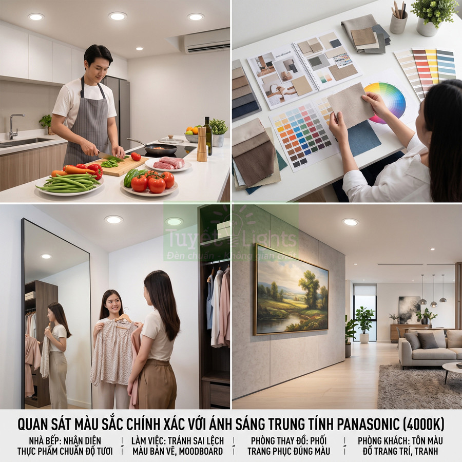 Đèn LED âm trần Panasonic ánh sáng trung tính 4000K chiếu sáng nhà bếp, phòng làm việc, phòng thay đồ và phòng khách