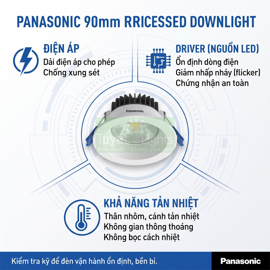 Đèn led âm trần Panasonic 90mm recessed downlight màu trắng với thông tin điện áp và khả năng tản nhiệt