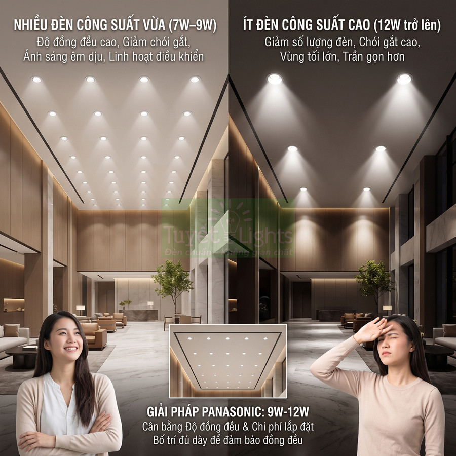 So sánh trần nhà dùng nhiều đèn âm trần Panasonic 7W 9W và ít đèn công suất cao 12W trong sảnh hiện đại