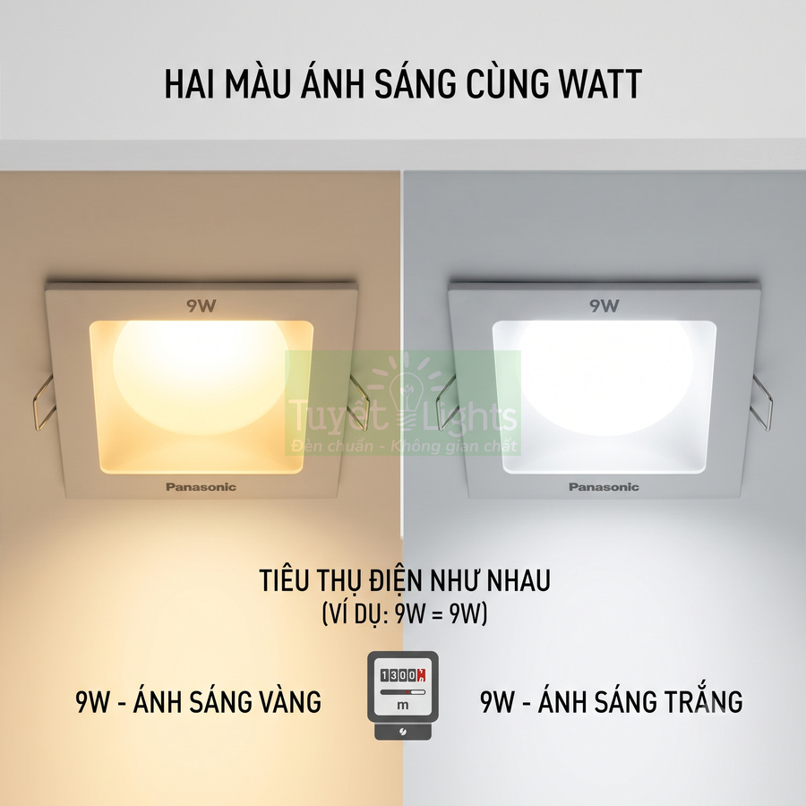 Đèn âm trần Panasonic 9W ánh sáng vàng và ánh sáng trắng so sánh độ sáng và công suất
