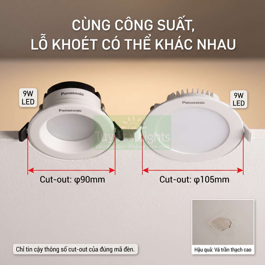Đèn downlight âm trần Panasonic 9W so sánh hai kích thước lỗ khoét 90mm và 105mm